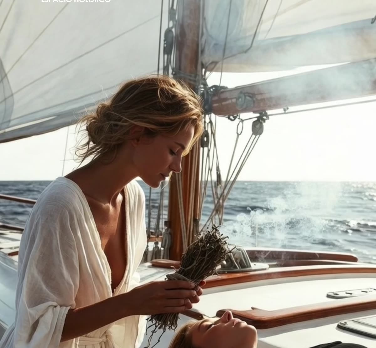Energy cleansing ritual with herbs on a sailing yacht
