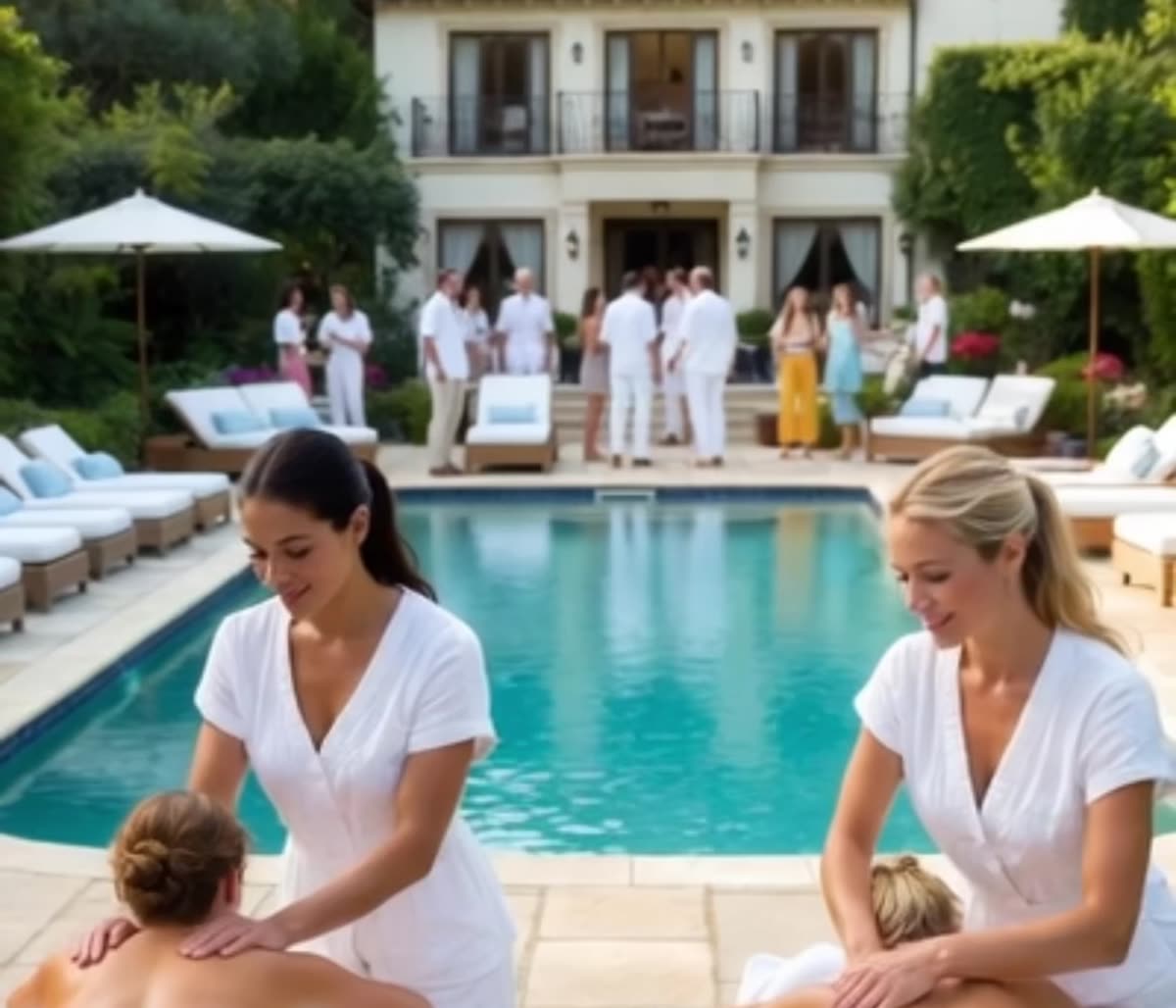 Therapists giving massages beside a villa pool in Mallorca